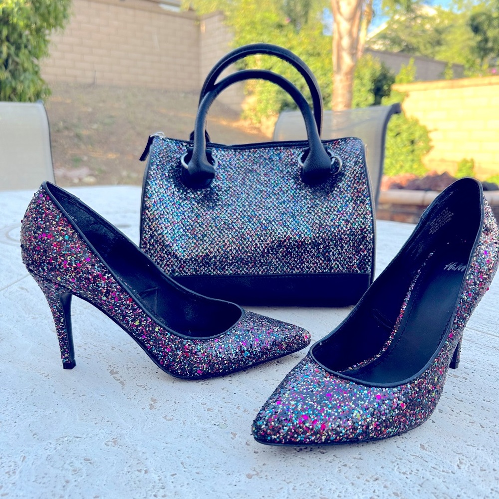 BLACK GLITTER HEELS PUMPS Black Multicolored Sparkly Glitter - Picture 3 of 12